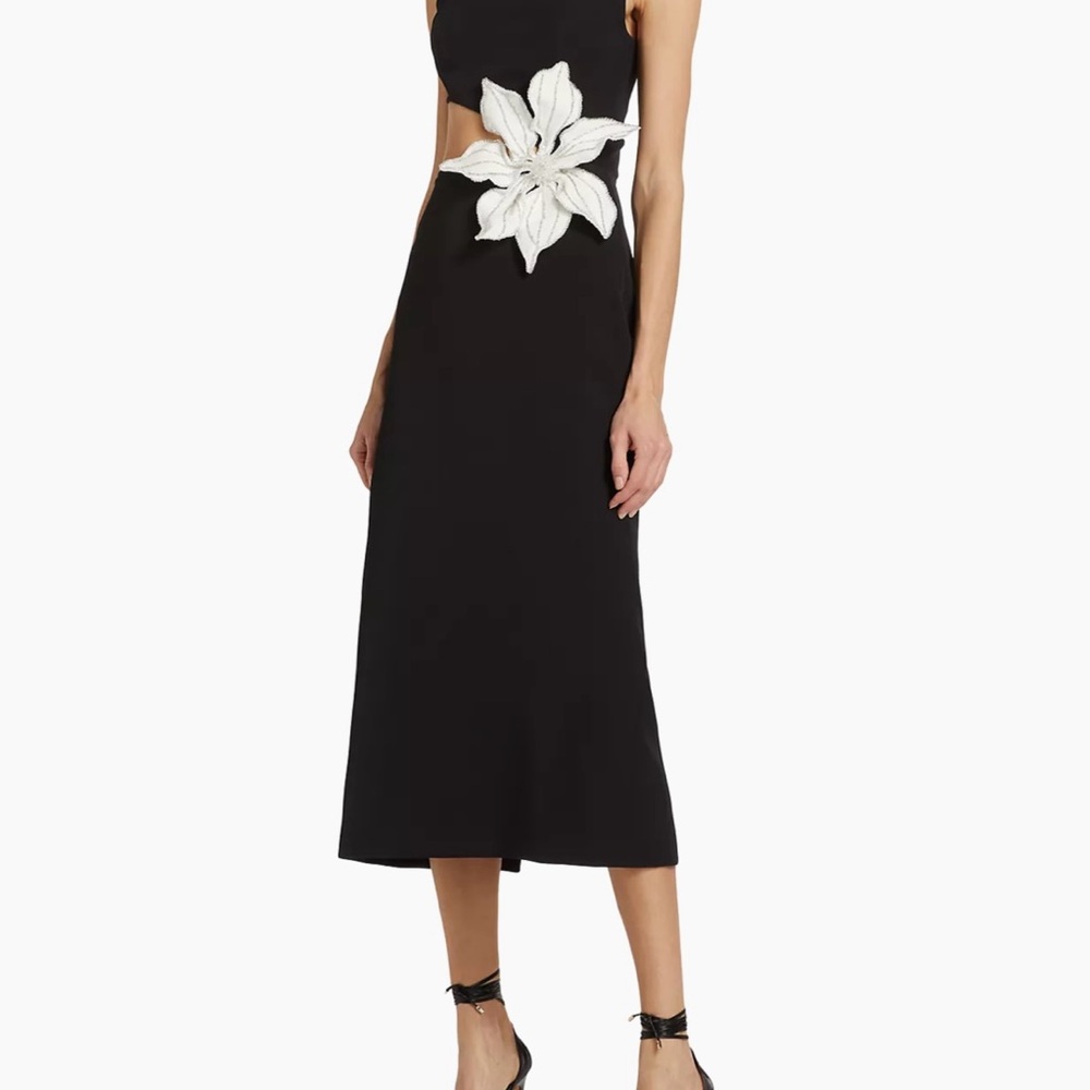 PatBO Elegant Black Dress with White Floral Accent midi dress